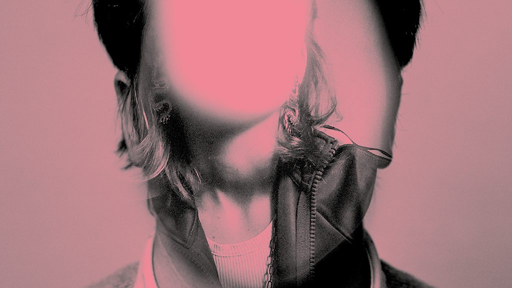 Featureless faces merging into one another in pink duotone