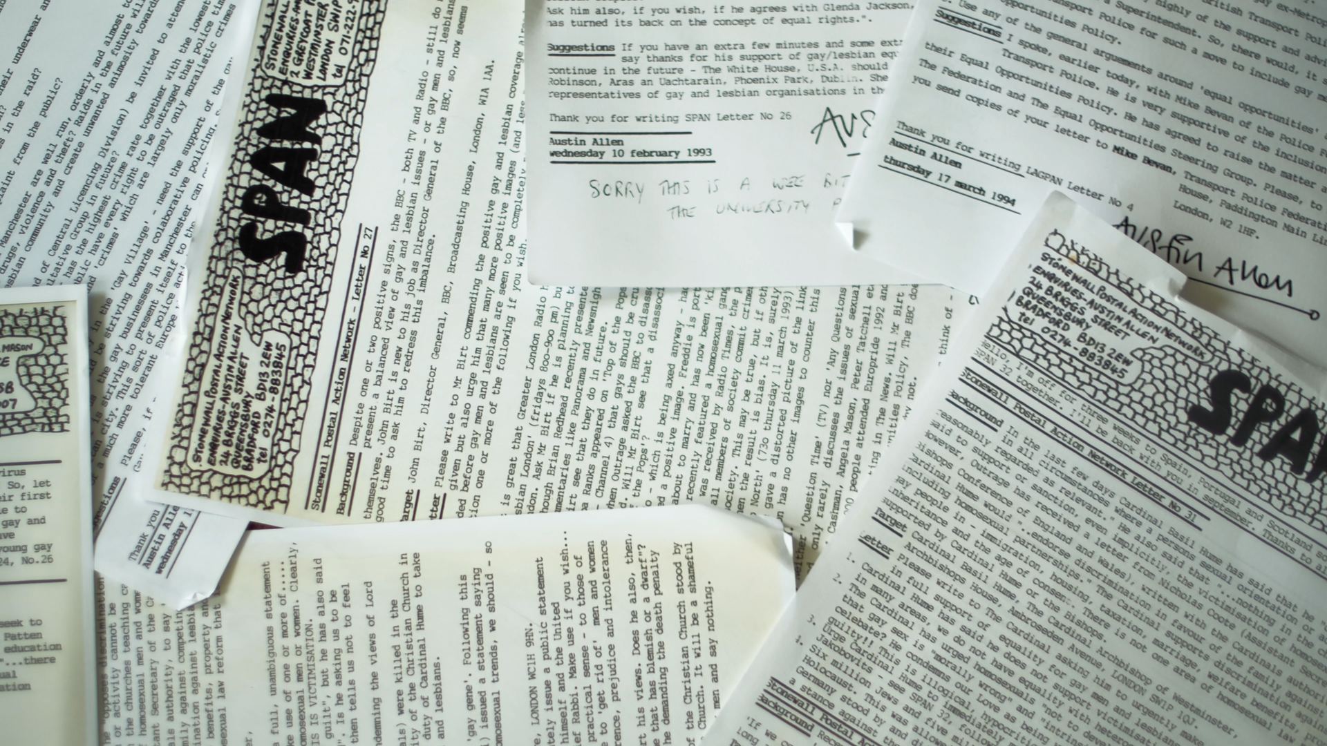 Scattered typewritten SPAN newsletters and letters